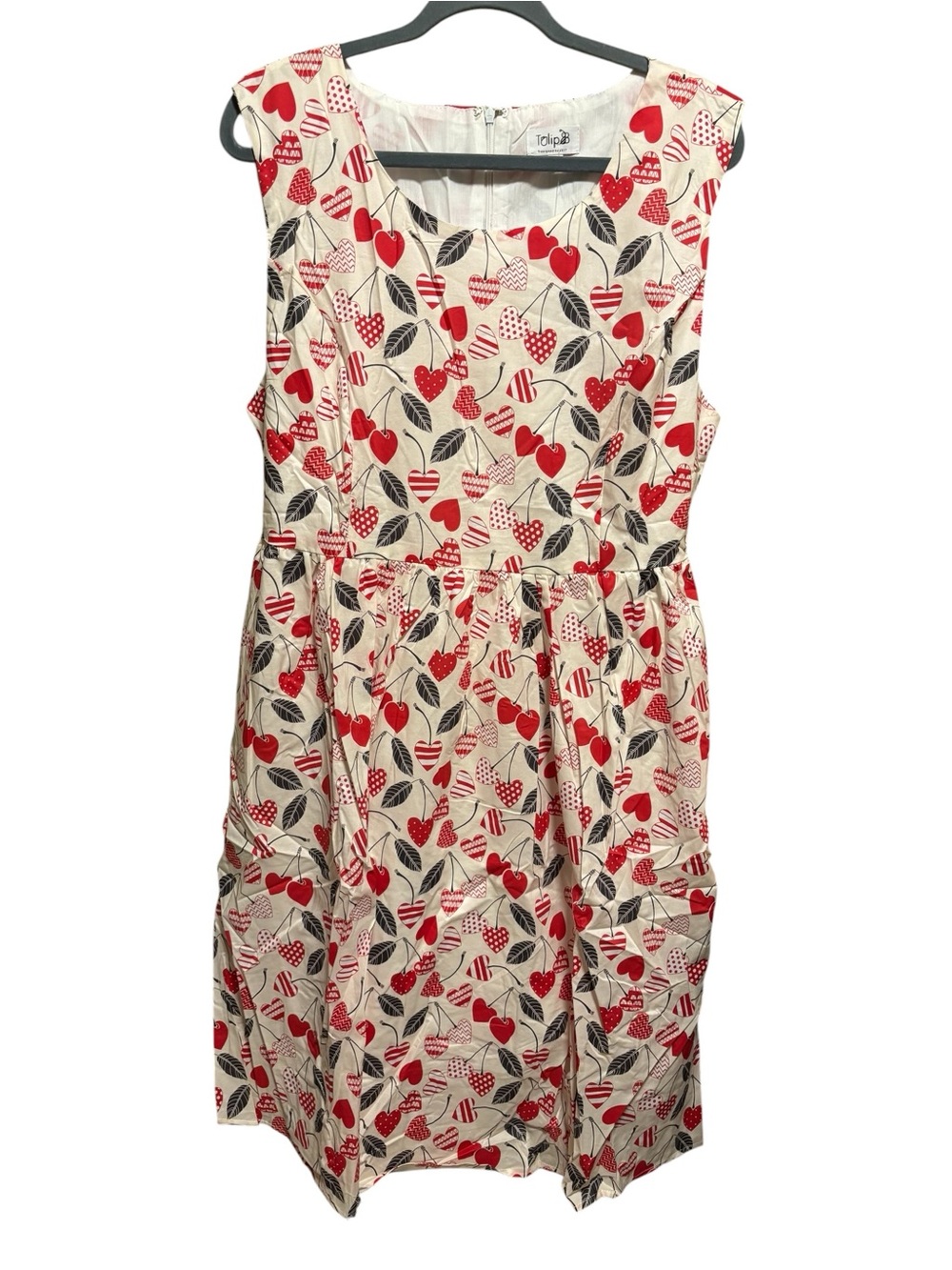 NWT Tulip B Vintage Inspired Heart Cherry Midi Dress Cream Red 100% Cotton - Picture 7 of 12